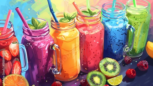 A variety of nutritious smoothies and freshly squeezed juices, packed in colorful and appealing glass jars