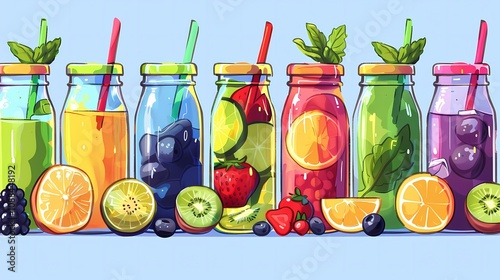 A variety of nutritious smoothies and freshly squeezed juices, packed in colorful and appealing glass jars