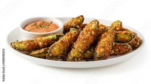 A plate of crispy avocado fries with a side of chipotle aioli dipping sauce, Each fry’s crunchy exterior and creamy avocado interior captured with precision