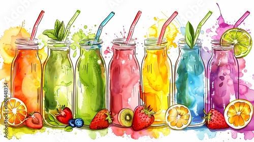 A variety of nutritious smoothies and freshly squeezed juices, packed in colorful and appealing glass jars