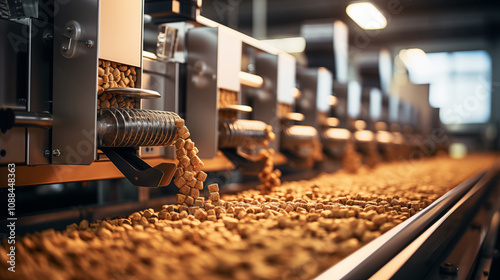 Shot of Industrial machinery in the pet food industry, focused on manufacturing dry dog food pellets.