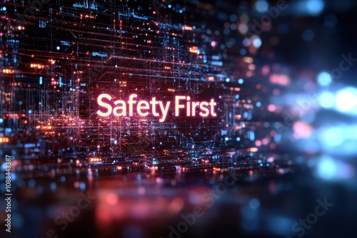 Futuristic Design Featuring Safety First Concept in Sleek Font with Digital Background, Highlighting Importance of Safety in Modern Innovation