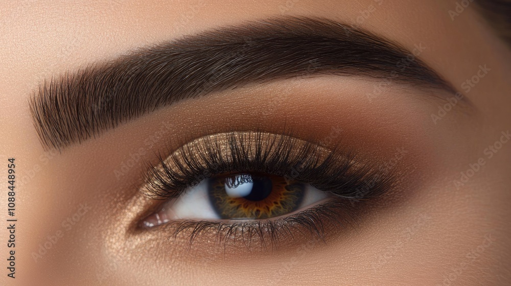 Obraz premium Close-Up of Beautiful Eye with Golden Makeup and Luscious Lashes, Showcasing Natural Elegance and Glamorous Eye Art in Rich Detail