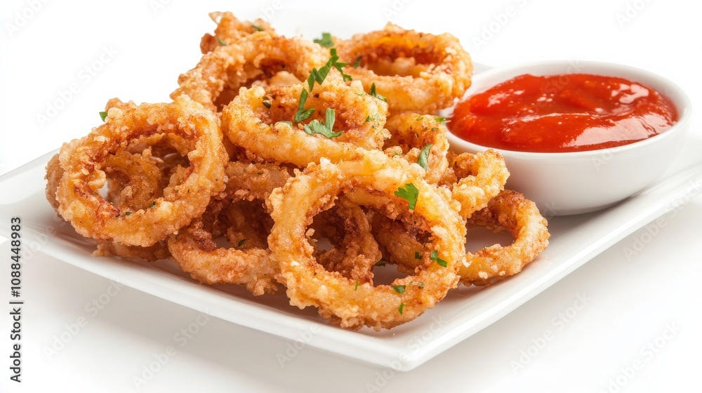 A plate of crispy calamari rings served with a side of zesty marinara sauce, Each golden-brown ring tender and flavorful A plate of crispy calamari rings served with a side of zesty marinara sauce, Each golden-brown ring tender and flavorful