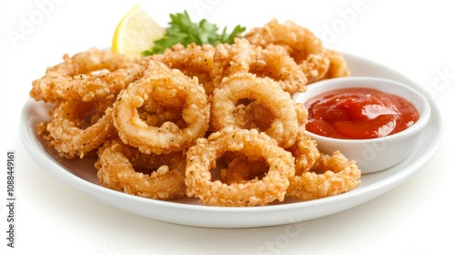 A plate of crispy calamari rings served with a side of zesty marinara sauce, Each golden-brown ring tender and flavorful