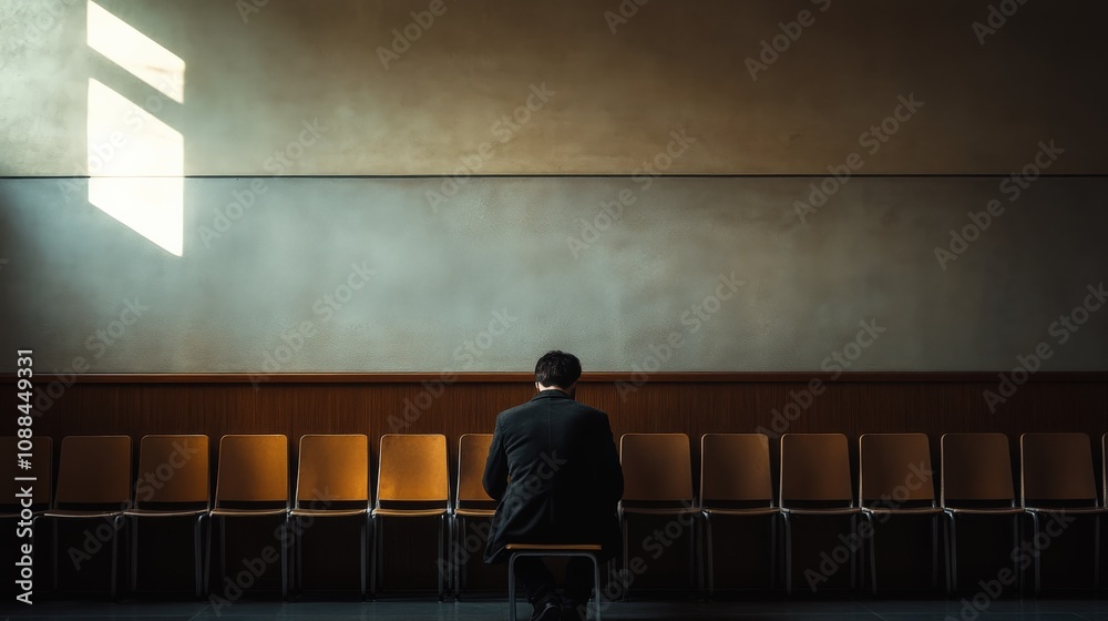 Man sitting alone in a minimalist room, head in hands, surrounded by empty chairs and a blank wall, symbolizing isolation and emotional distress. Focus on solitude and emotional struggle. Man sitting alone in a minimalist room, head in hands, surrounded by empty chairs and a blank wall, symbolizing isolation and emotional distress. Focus on solitude and emotional struggle.
