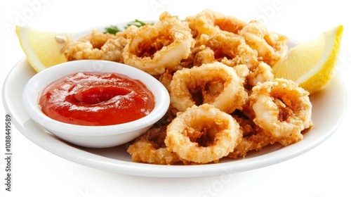 A plate of crispy calamari served with marinara sauce and lemon wedges, Each golden-brown ring tender and flavorful