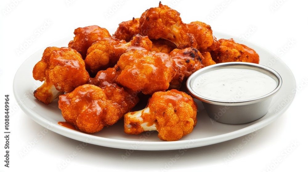 A plate of crispy cauliflower wings tossed in buffalo sauce and served with a side of ranch dressing, Each wing golden and bursting with spicy flavor A plate of crispy cauliflower wings tossed in buffalo sauce and served with a side of ranch dressing, Each wing golden and bursting with spicy flavor