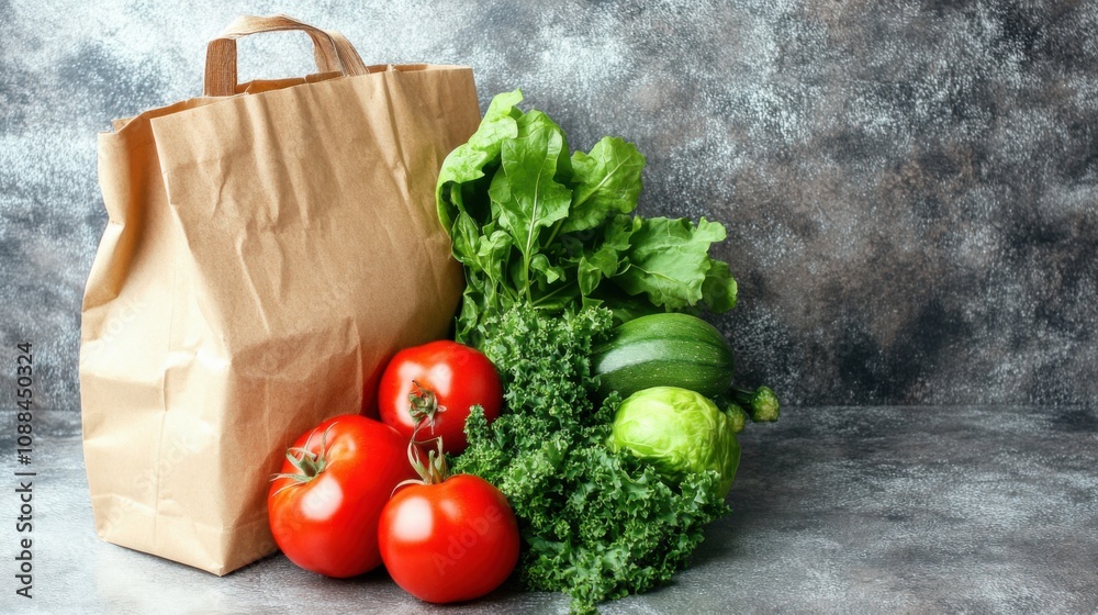 Paper bag filled with fresh vegetables and greens on light picture Paper bag filled with fresh vegetables and greens on light picture