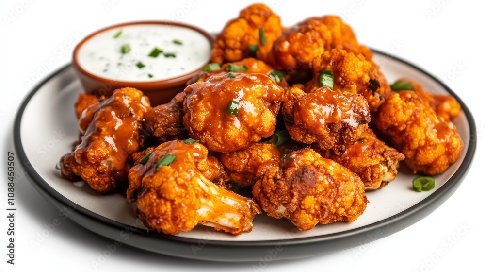 A plate of crispy cauliflower wings with a spicy buffalo sauce and a side of vegan ranch dressing, Each wing’s crispy coating and fiery flavor captured with precision A plate of crispy cauliflower wings with a spicy buffalo sauce and a side of vegan ranch dressing, Each wing’s crispy coating and fiery flavor captured with precision