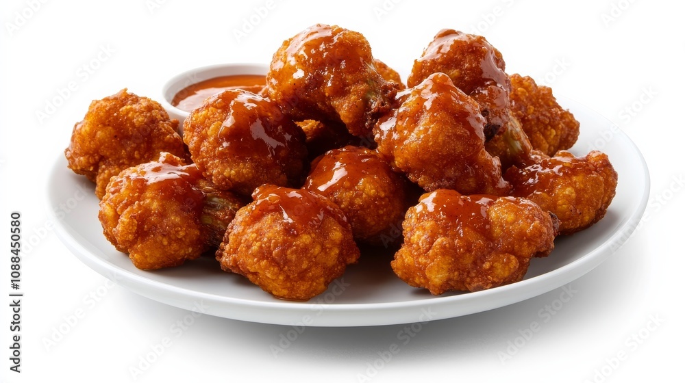 A plate of crispy cauliflower wings with buffalo sauce, Each wing’s crispy coating and spicy sauce captured with precision, Set against an isolated white background to highlight its deliciousness A plate of crispy cauliflower wings with buffalo sauce, Each wing’s crispy coating and spicy sauce captured with precision, Set against an isolated white background to highlight its deliciousness