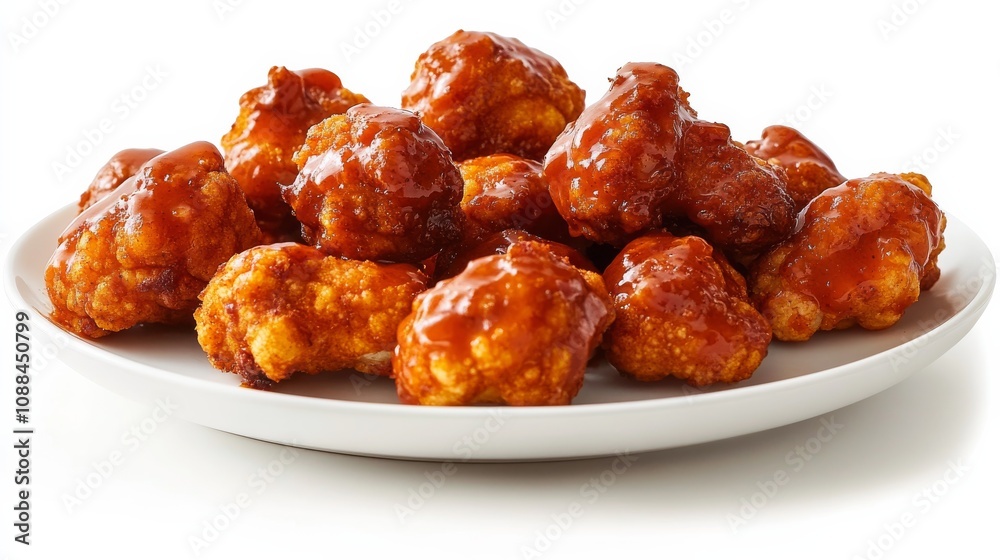 A plate of crispy cauliflower wings with buffalo sauce, Each wing’s crispy coating and spicy sauce captured with precision, Set against an isolated white background to highlight its deliciousness A plate of crispy cauliflower wings with buffalo sauce, Each wing’s crispy coating and spicy sauce captured with precision, Set against an isolated white background to highlight its deliciousness