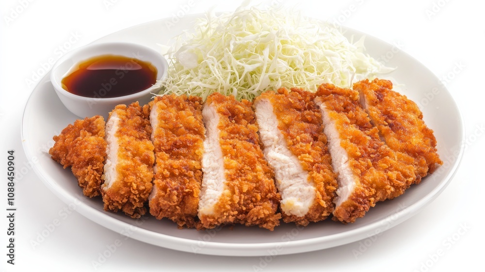 A plate of crispy chicken katsu served with steamed rice, shredded cabbage, and tangy tonkatsu sauce A plate of crispy chicken katsu served with steamed rice, shredded cabbage, and tangy tonkatsu sauce