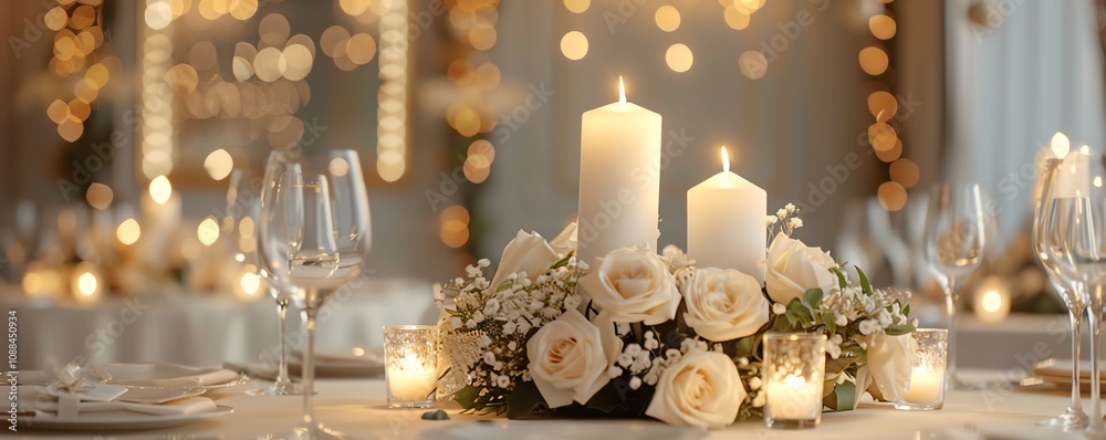 Elegant wedding table setting with floral centerpiece and candles, creating a romantic atmosphere with warm lighting and delicate decorations. Elegant wedding table setting with floral centerpiece and candles, creating a romantic atmosphere with warm lighting and delicate decorations.