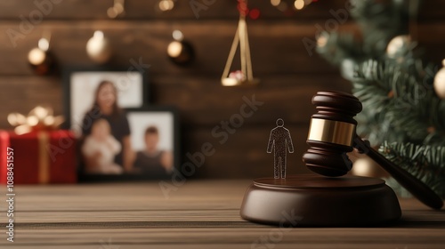 Holiday-themed legal concept with gavel, scales, and family photos. Perfect for legal, holiday, and family-related editorials. photo