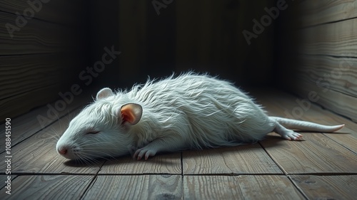 A still life composition features a deceased rodent's lifeless body, its fur matted, lying motionless on weathered