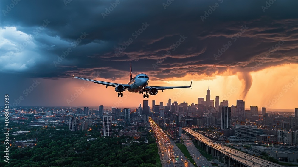 An airplane approaches a city skyline under dramatic storm clouds and sunset.