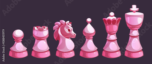 Pink chess pieces set featuring pawn, rook, knight, bishop, queen and king in cartoon style. Glossy figures for chessboard game lessons or club, hobby interface design or educational materials.