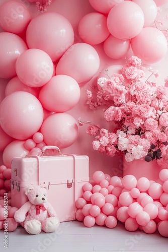 Teddy bear with pink balloons and a bouquet of pink fresh roses, Valentine's Day concept, 3D rendering.