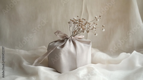 Soft gray gift pouch with a subtle texture, tied with a picture