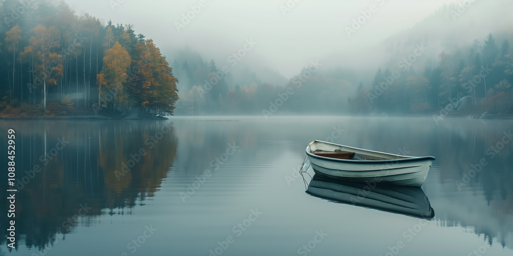 A meditative, thoughtful, and melancholic mountain lake landscape with a lonely boat, foggy forest trees and a romantic atmosphere. Perfect for screensavers or interior design. A meditative, thoughtful, and melancholic mountain lake landscape with a lonely boat, foggy forest trees and a romantic atmosphere. Perfect for screensavers or interior design.