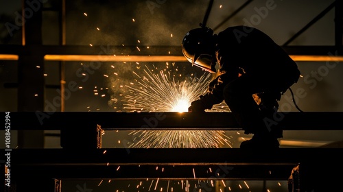 Skilled Worker Performing Welding Operation at Night with Sparks Flying in Industrial Setting, Highlighting Expertise in Metal Fabrication and Construction Safety