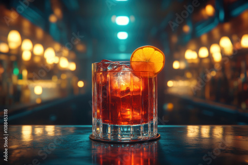 Cocktail with orange slice on rim.