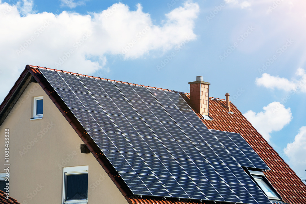 Fototapeta premium Einfamilienhaus mit Photovoltaikanlage