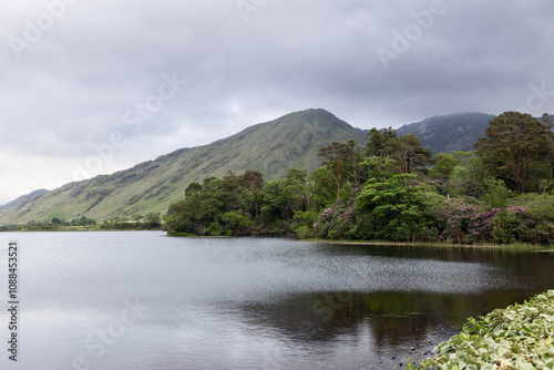 A tranquil scene of Pollacapall Lough in Connemara, Ireland, with serene waters bordered by dense foliage and towering hills