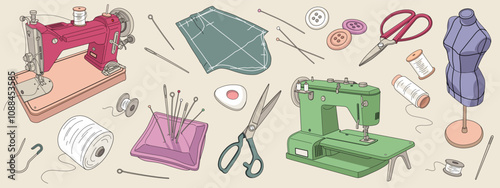 Set of hand drawn sewing tools isolated on background. Atelier sketch elements. Needlework supplies. Sewing machine, mannequin, pin, thread, button. Vector illustration