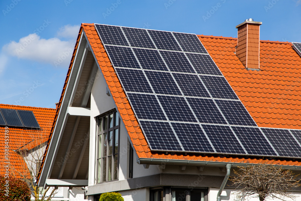 Fototapeta premium Einfamilienhaus mit Photovoltaikanlage