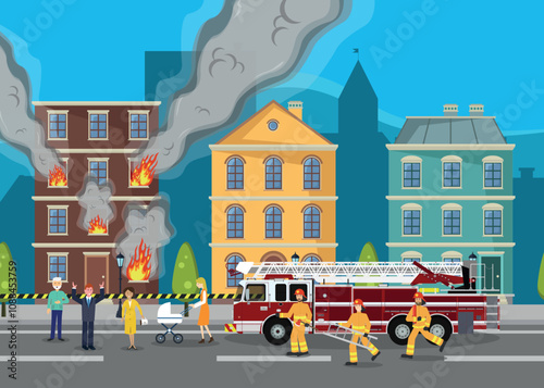 Firefighters arrived to extinguish a fire in a multi-story building. People. Rescue operation.