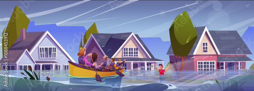 Natural disaster in neighborhood. Rescue team on boat float on flooded suburban street. Emergency response aids evacuate people from submerged houses. Residential buildings stand partially underwater.