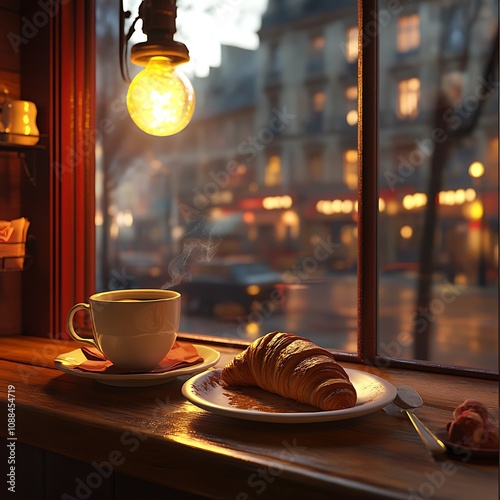 Cozy coffee and croissant breakfast paris café food photography urban setting warm atmosphere photo