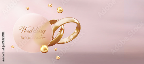 3d romantic composition with golden wedding bands behind glass circle on soft beige background with space for text. Metallic sphere elements float around rings for matrimonial invitation design.