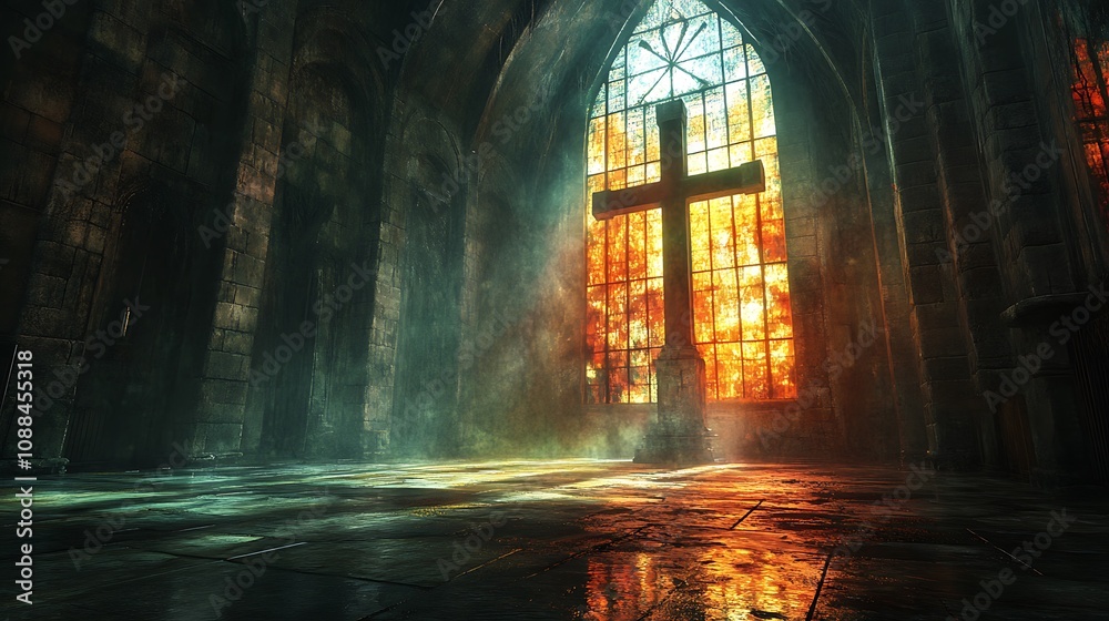 Christian cross blending with a stone church interior, the cross highlighted by the light streaming through tall stained glass windows, the colorful reflections merging with the silhouette, Christian cross blending with a stone church interior, the cross highlighted by the light streaming through tall stained glass windows, the colorful reflections merging with the silhouette,