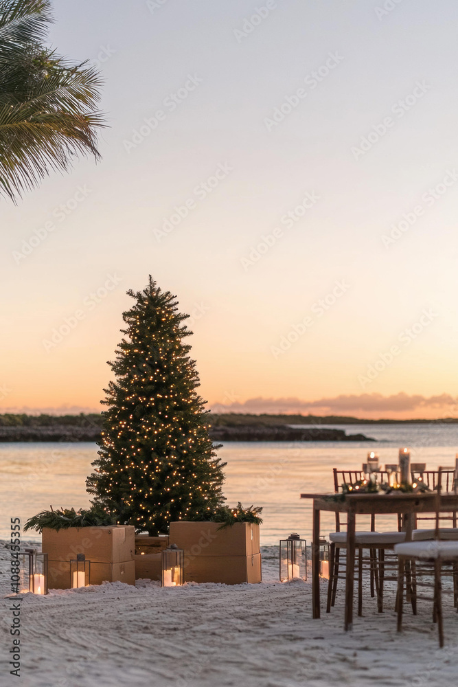 Fototapeta premium A Christmas tree on the beach with a table set for dinner. AI.