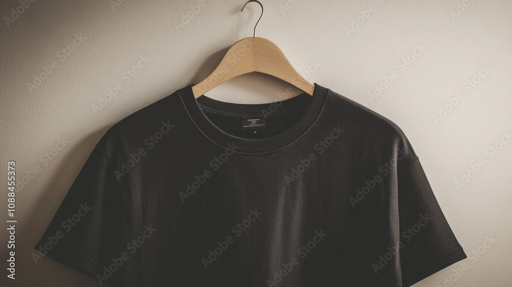 Simple black t-shirt hanging on a wooden hanger against a neutral background Simple black t-shirt hanging on a wooden hanger against a neutral background