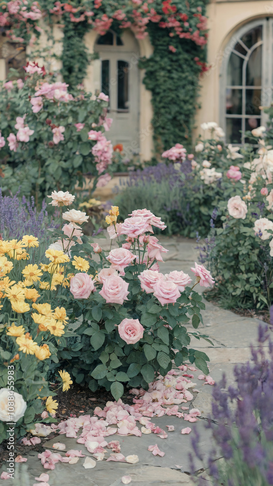 Garden with a variety of flowers and a stone path