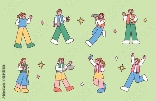 A collection of excited college student characters wearing campus jackets. outline simple vector illustration.