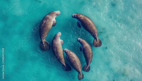 Aerial View of Manatees in Crystal Clear Water