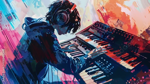 Students composing music on a digital workstation using MIDI controllers and software