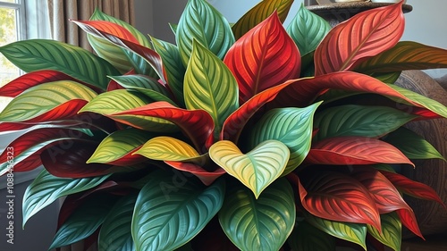 A vibrant houseplant with broad, lush leaves showcasing a mix of green, silver, and red tones, bringing elegance photo