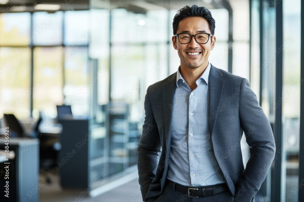 A businessman smiles confidently while standing in an office. AI.