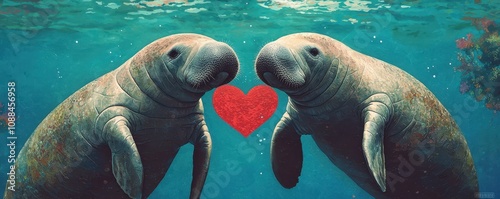 Loving Manatees Underwater  Valentine s Day Ocean Wildlife Art