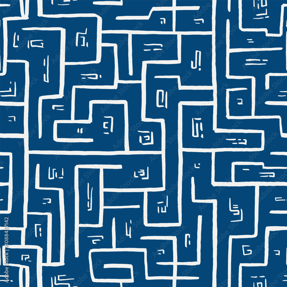 Intricate Blue and White Maze Seamless Pattern Design with Random Paths Intricate Blue and White Maze Seamless Pattern Design with Random Paths