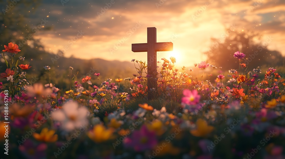 Christian cross intertwined with a meadow filled with colorful wildflowers, the petals softly enveloping the cross, golden light illuminating the scene, vibrant and serene mood, Christian cross intertwined with a meadow filled with colorful wildflowers, the petals softly enveloping the cross, golden light illuminating the scene, vibrant and serene mood,