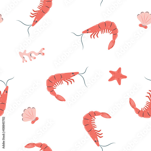 Seamless pattern sea life. Marine animals shrimp and starfish on white background. Vector illustration. photo