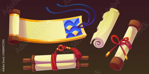 Ancient Chinese scroll collection - parchments with wooden handles. Paper rolls decorated by blue wave pattern, red ribbons and golden trim. Open manuscript, sealed document and rolled certificate.