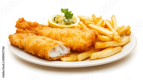 A plate of crispy fish and chips with golden-brown battered fish fillets and thick-cut fries, Each piece crunchy on the outside and tender on the inside photo